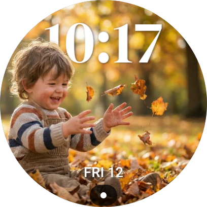 Child playing in autumn leaves watch face